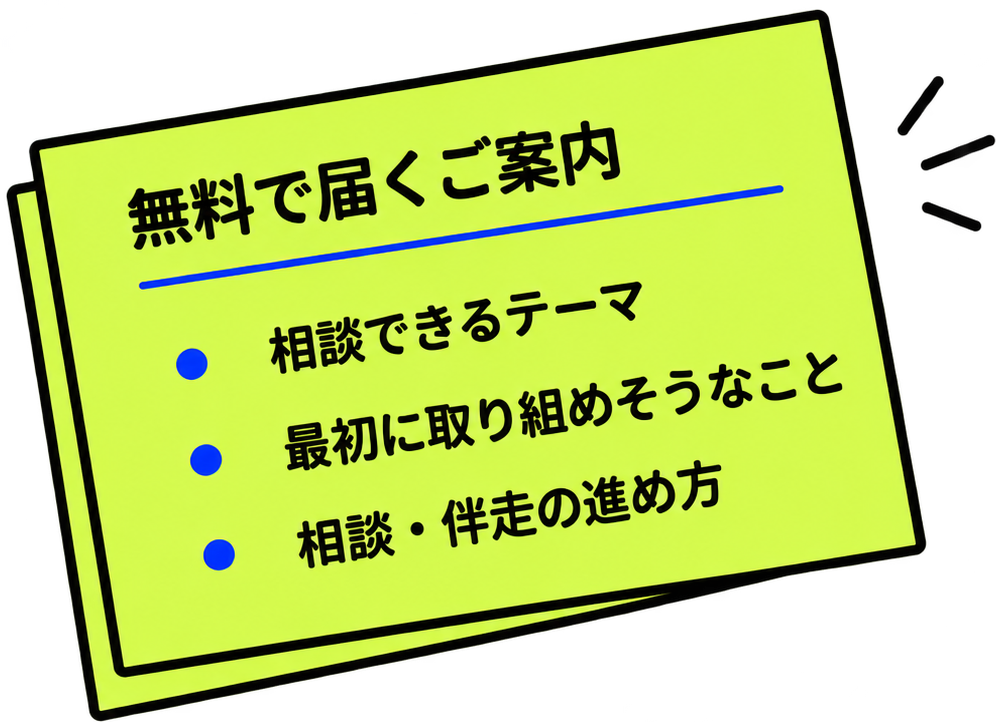 無料で届くご案内：相談できるテーマ、最初に取り組めそうなこと、相談・伴走の進め方